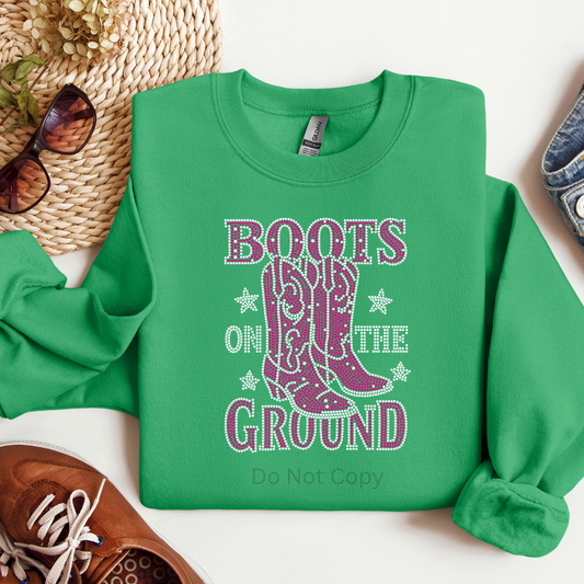 Boots on the Ground Pink/Silver Rhinestone Transfer on tshirt front side