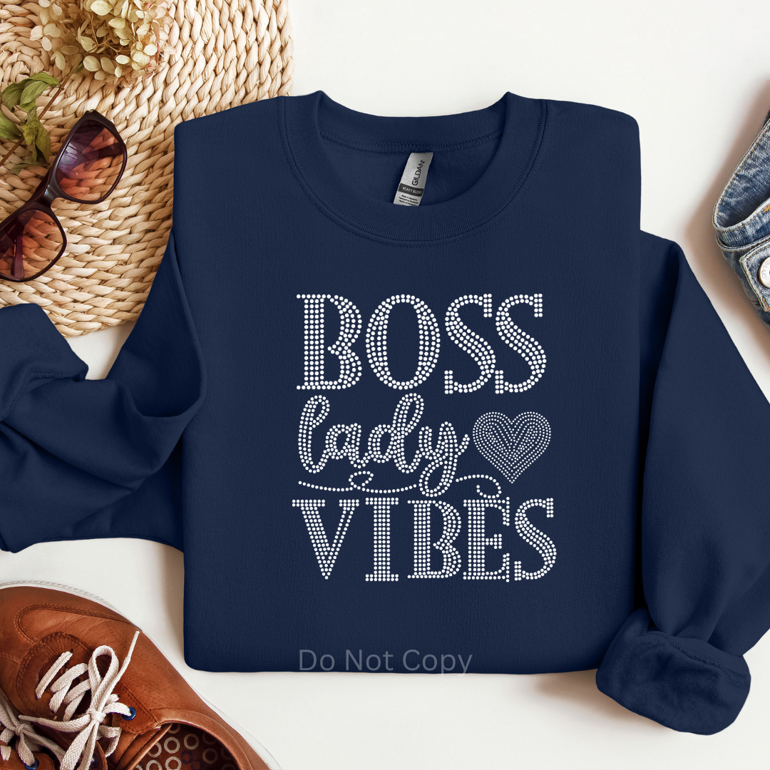 Boss Lady Vibes Silver Rhinestone Transfer on a navy tshirt front side
