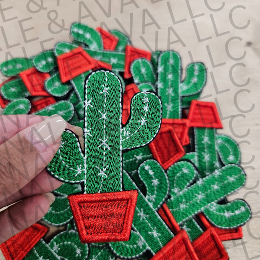 Green cactus patch with red pot held by a hand on a beige background with text.
