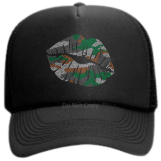 Camo Lips Rhinestone Hat Patch on a hat front side