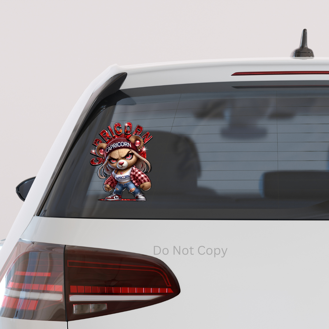 Capricorn Girl Bear UVDTF Decal on a car window