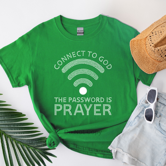 Connect To God Rhinestone Transfer on a tshirt front side