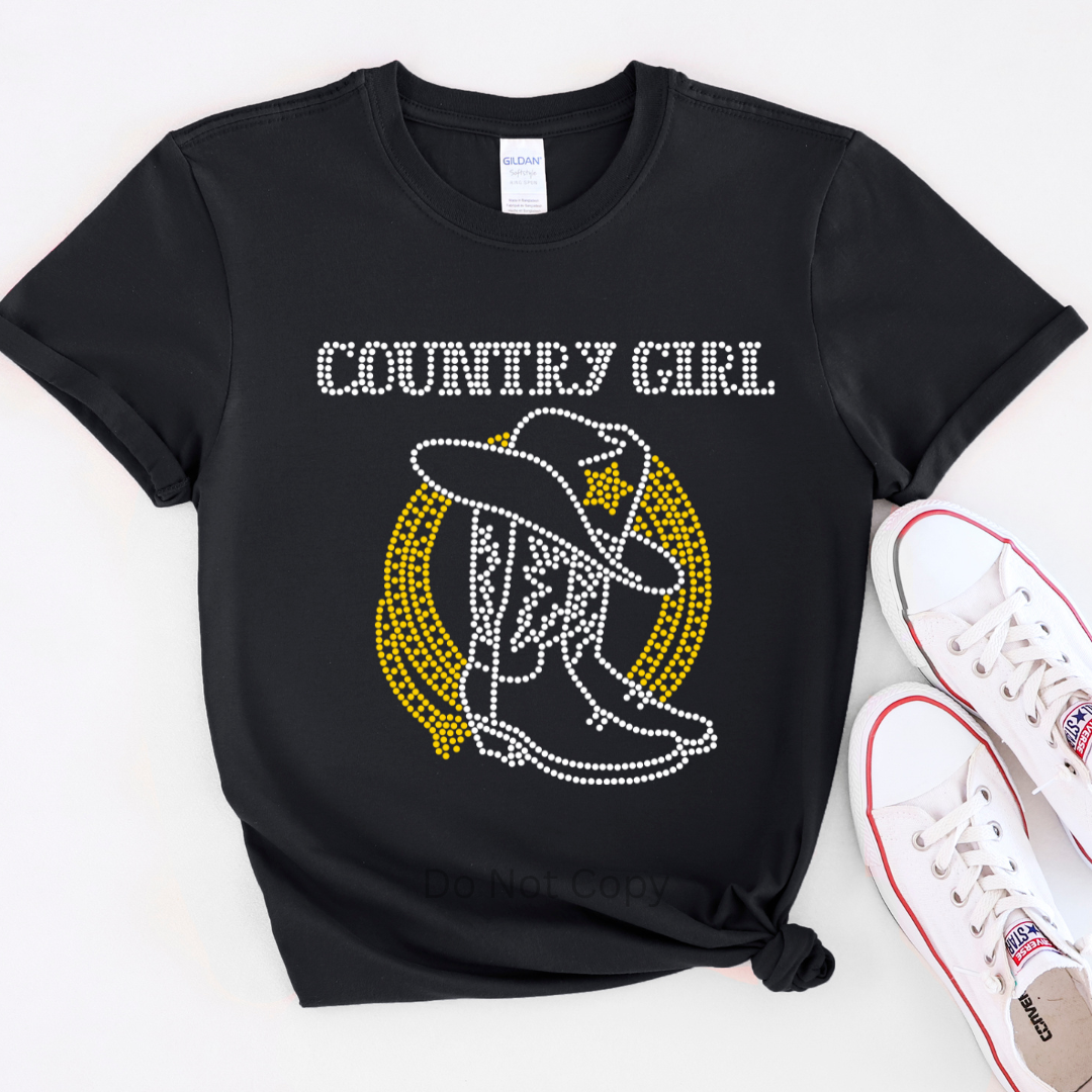 Country Girl Rhinestone Transfer on a tshirt front side
