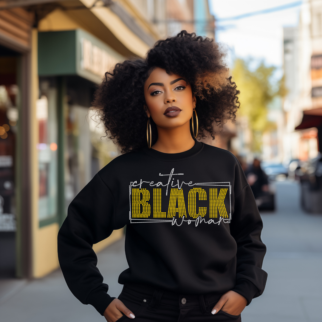 Creative Black Woman Rhinestone Design on a black sweatshirt