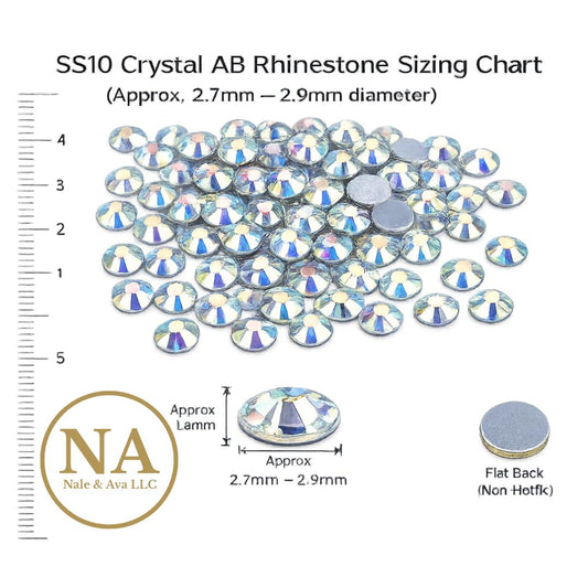 SS10 Crystal AB Rhinestone Sizing Chart with crystals and measurement scale, featuring Nale & Ava LLC logo.