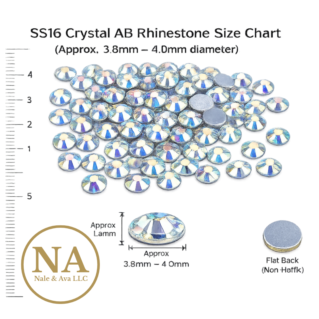 SS16 Crystal AB rhinestone size chart with measurement details and Nale & Ava LLC logo.