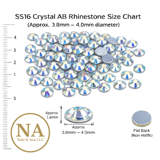SS16 Crystal AB rhinestone size chart with measurement details and Nale & Ava LLC logo.
