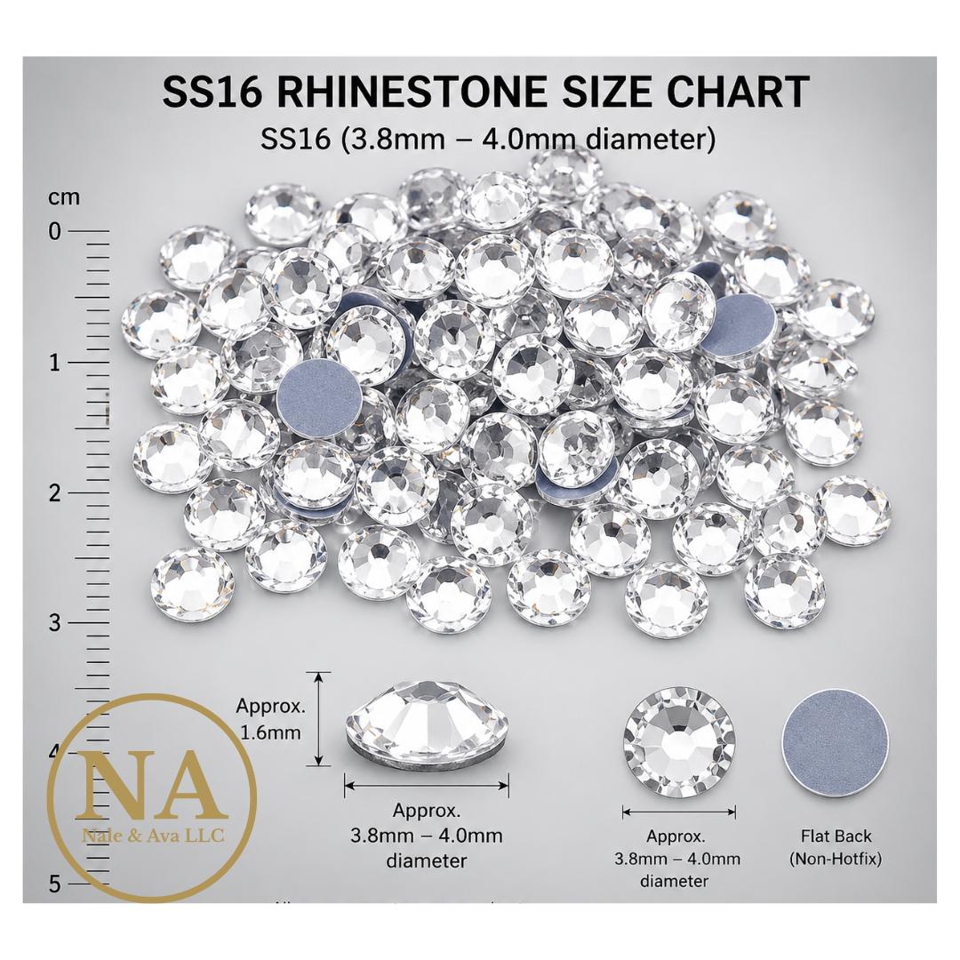 SS16 rhinestone size chart with clear rhinestones and measurement details on a gray background.