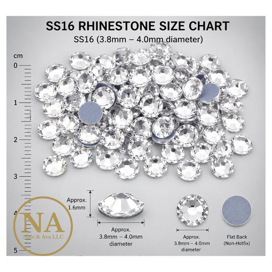 SS16 rhinestone size chart with clear rhinestones and measurement details on a gray background.