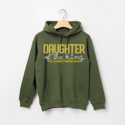 Daughter of the King Rhinestone Design on a Green Hoodie