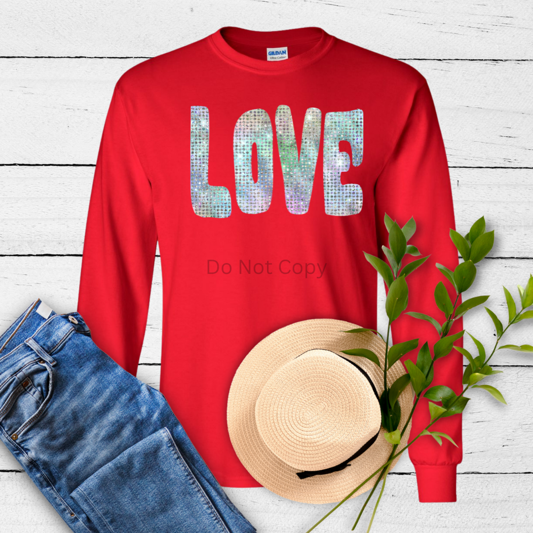 Love Faux Sequin DTF (direct to film) print on a tshirt