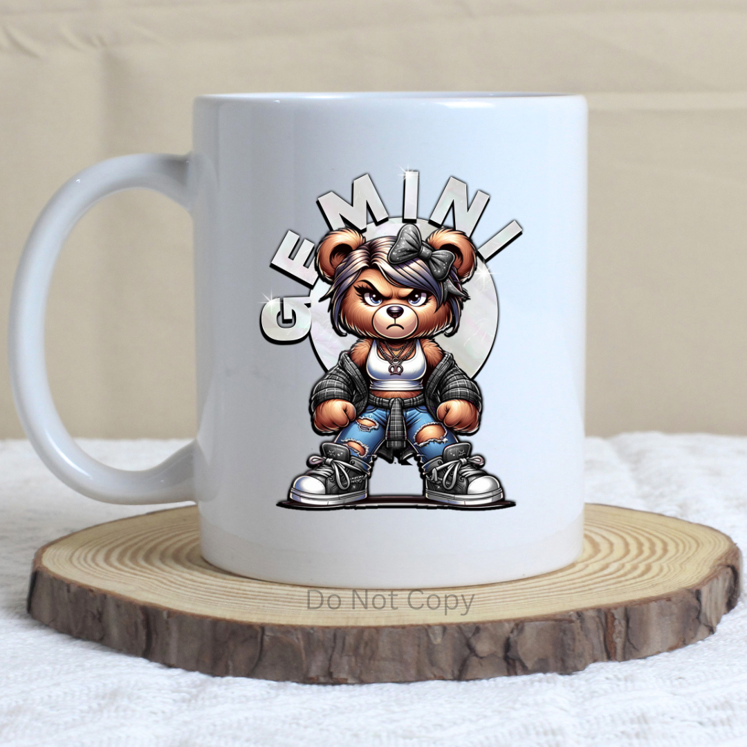 Gemini Girl Bear UVDTF Decal on a mug