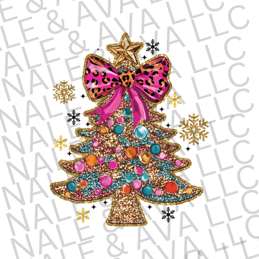 Faux Glitter Pink Christmas Tree DTF Transfer front side