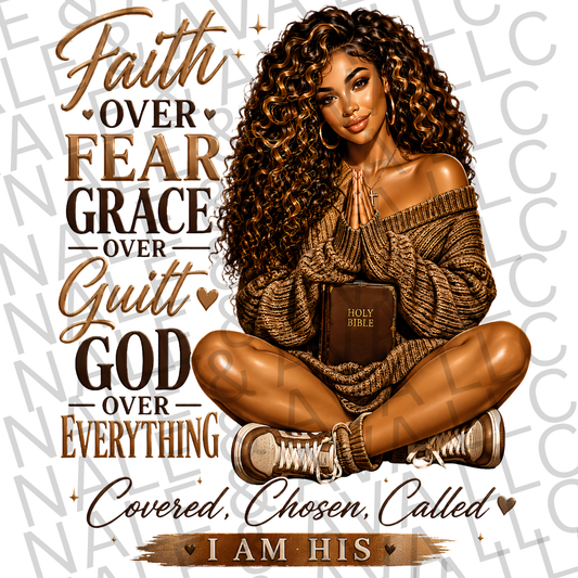 Faith Over Fear Grace Over Guilt slogan with a Girl holding a bible