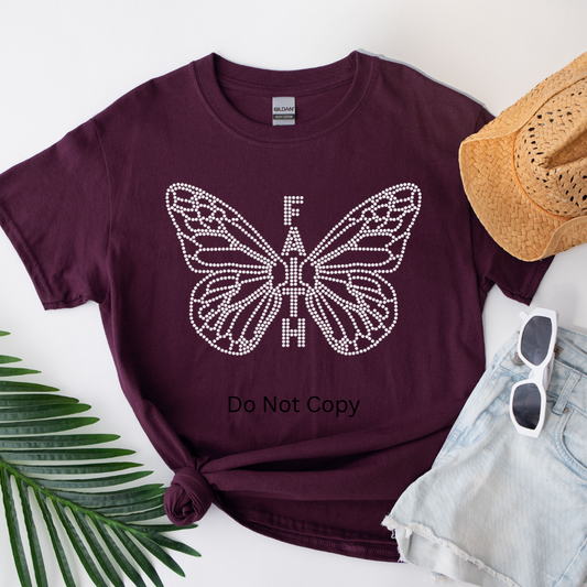 Faith Butterfly Rhinestone Transfer on a tshirt front side