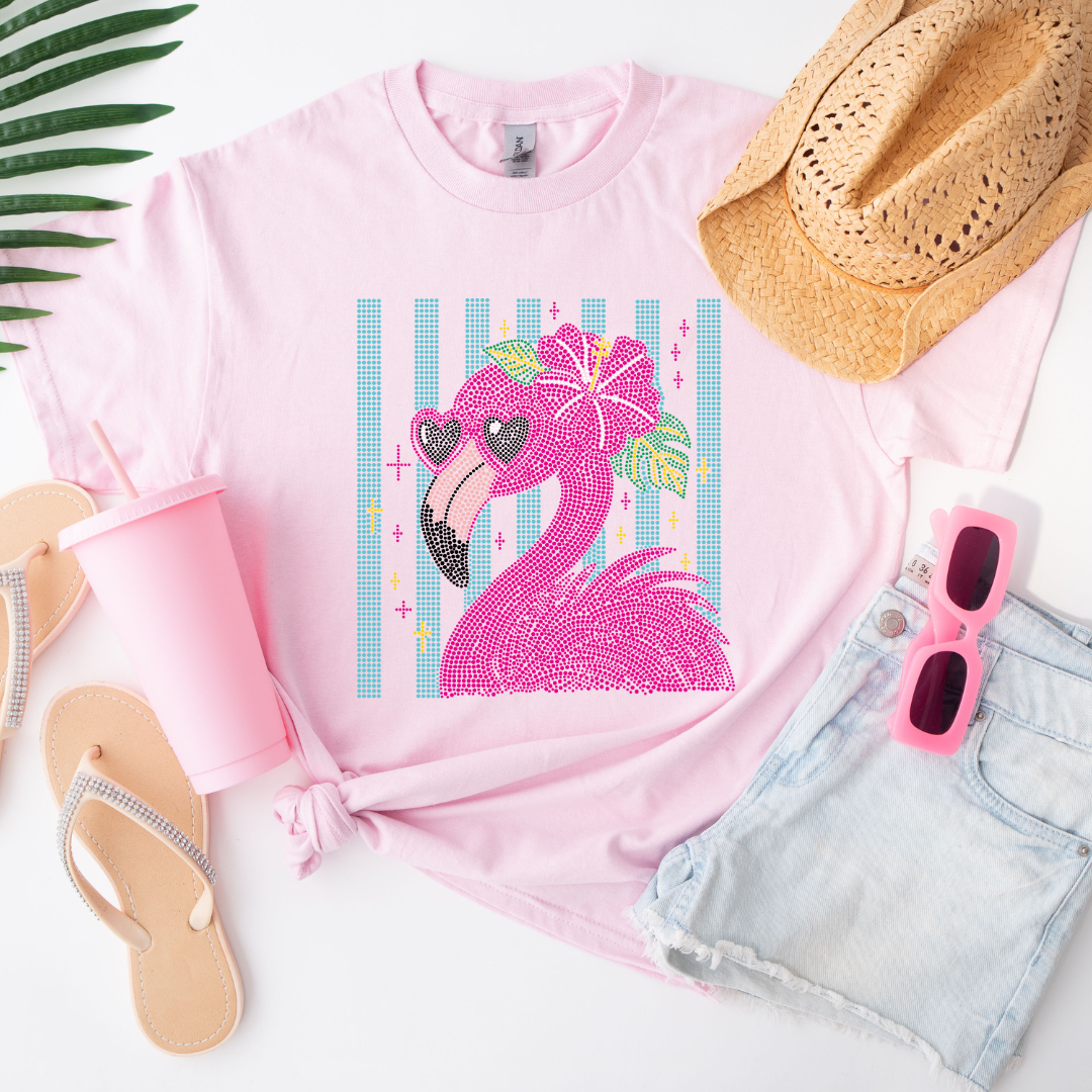 Flamingo Rhinestone Transfer on a Pink tshirt