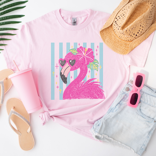 Flamingo Rhinestone Transfer on a Pink tshirt