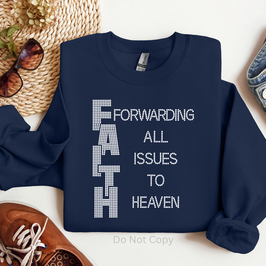 Navy blue sweatshirt with white text on a light background