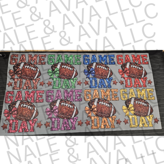 Decorative mat with 'Game Day' text and football graphics on a gray background.