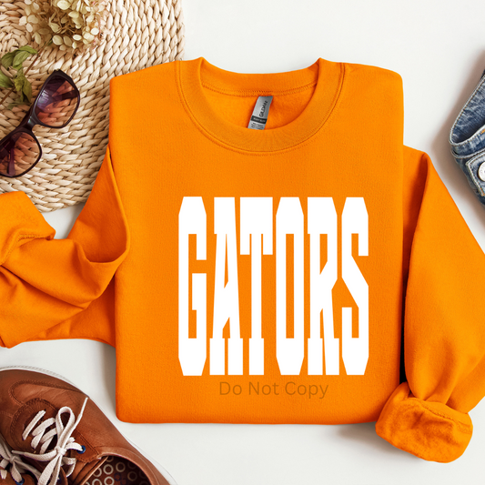Orange sweatshirt with 'GATORS Do Not Copy' text on a white background