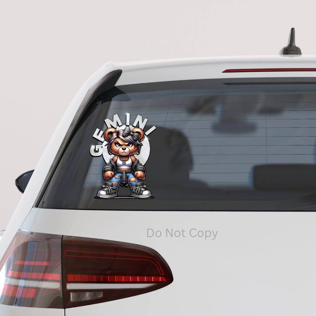 Gemini Girl Bear UVDTF Decal on a car window