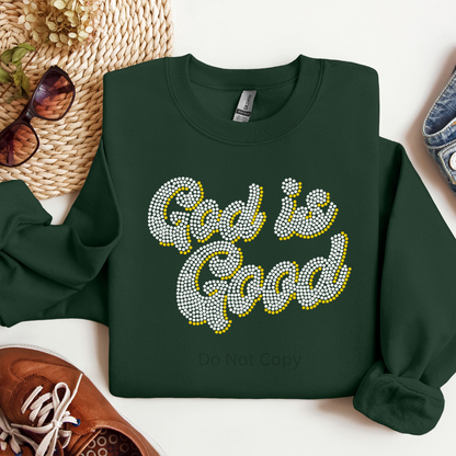 God Is Good Rhinestone Transfer on a green tshirt
