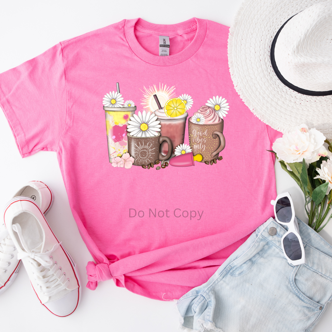 Good Vibes Coffee Cups DTF (direct to film) print on a tshirt