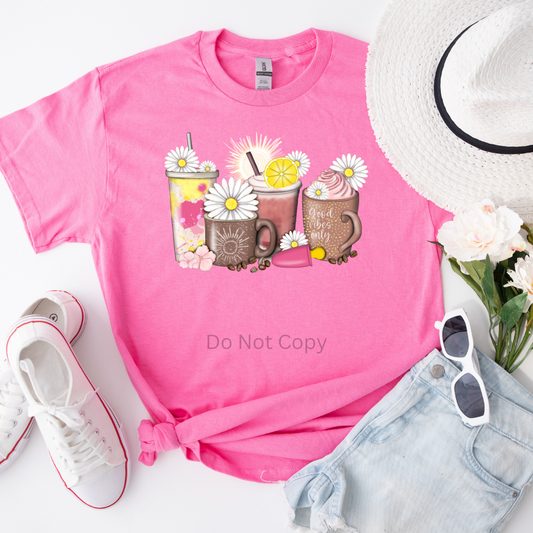 Good Vibes Coffee Cups DTF (direct to film) print on a tshirt