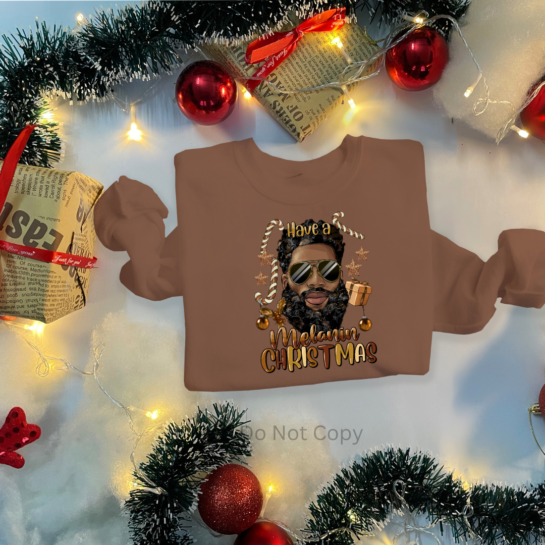Have a Melanin Christmas Hair Guy DTF Transfer on a tshirt