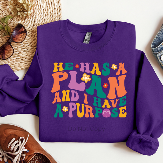 A purple crewneck sweatshirt with the text 'HE HAS A PLAN AND I HAVE A PURPOSE' in colorful letters.