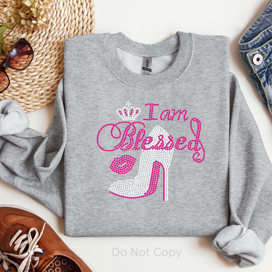 I Am Blessed Rhinestone Transfer on a grey sweatshirt