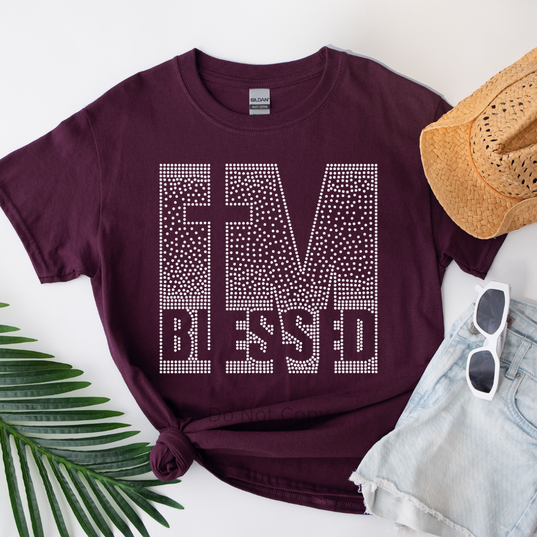 I'm Blessed Silver Rhinestone Transfer on a tshirt front side
