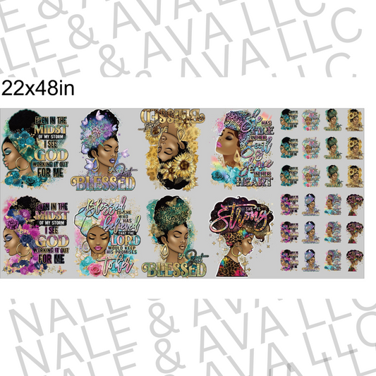 Sheet of decorative stickers with images of a woman with styled hair and motivational text, branded 'Nale & Ava LLC'.