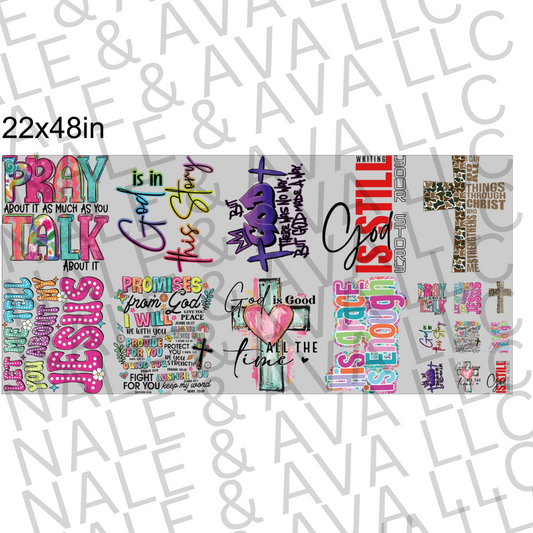 Sheet of colorful motivational phrases and graphics with text overlay on a white background.