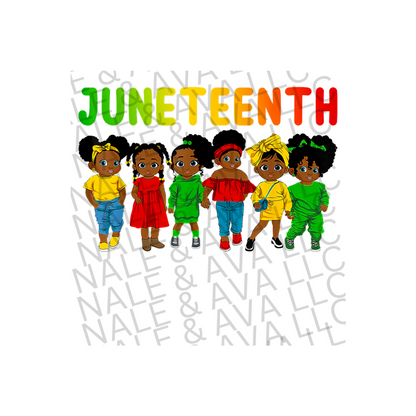 A colorful graphic showing six children in different outfits with the word 'JUNETEENTH' above them, in a design suitable for a direct to film transfer for t-shirts.