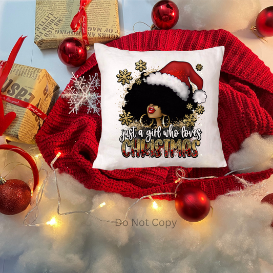 Just a Girl Who Loves Christmas Afro DTF Transfer on a Pillow