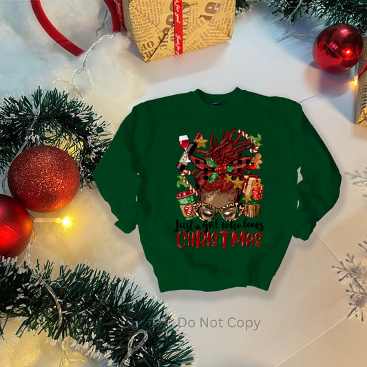 Just a Girl Who Loves Christmas Locs DTF Transfer on a tshirt