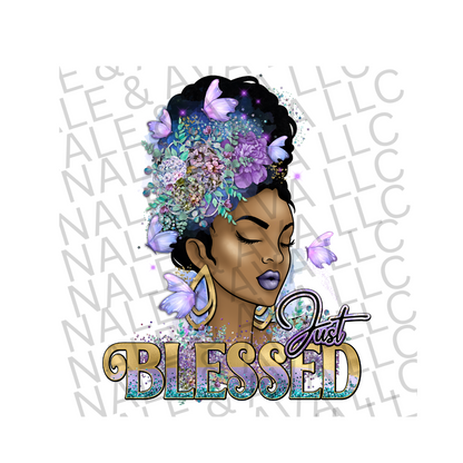 Just Blessed Purple DTF (direct to film) print front side