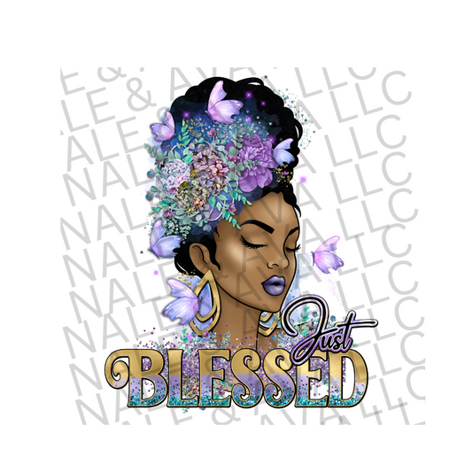 Just Blessed Purple DTF (direct to film) print front side