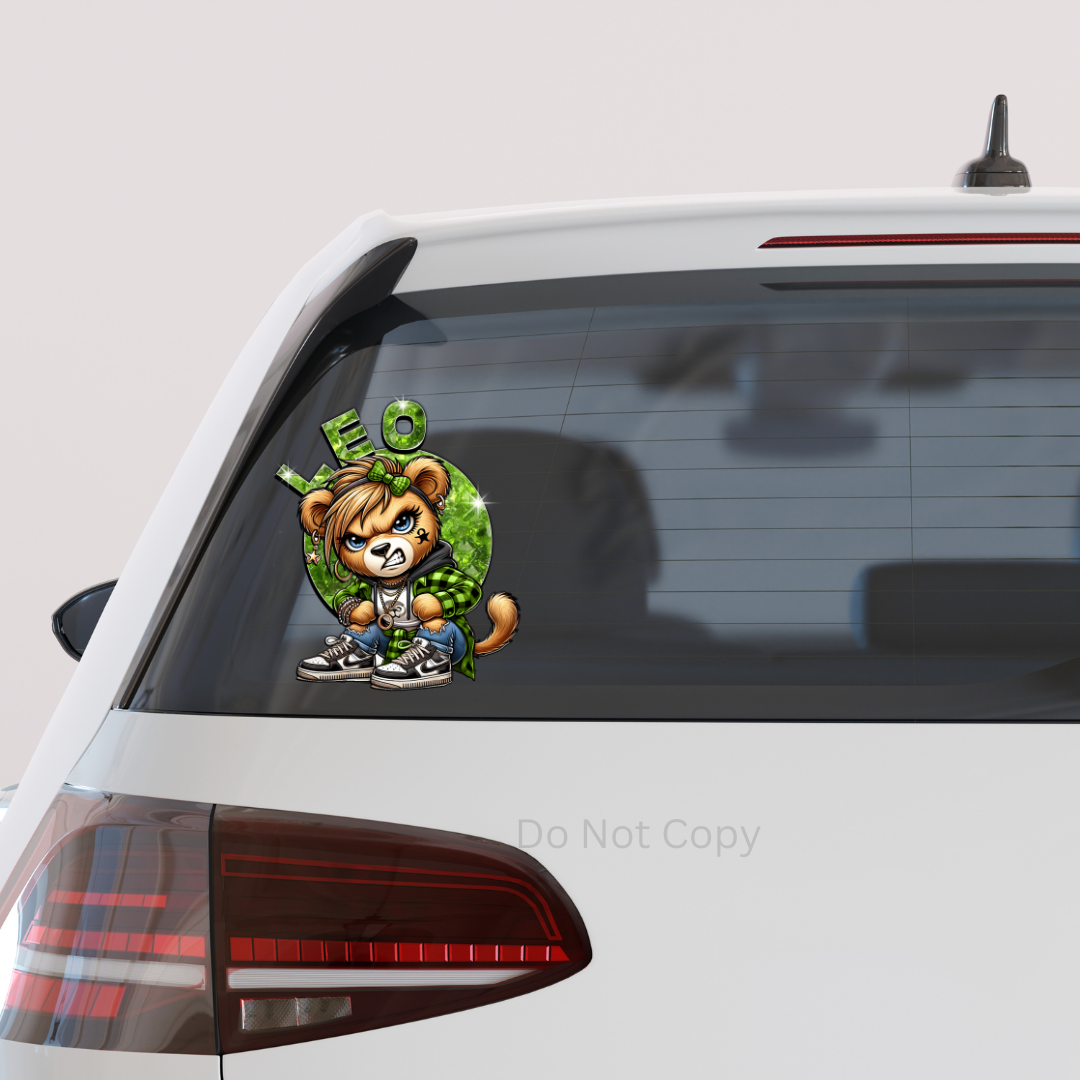 Leo Girl Bear UVDTF Decal on a car window
