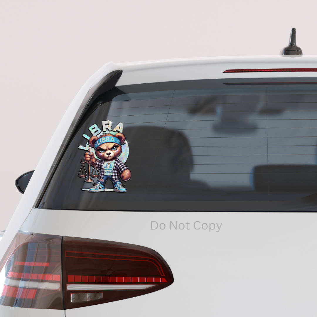 Libra Girl Bear UVDTF Decal on a car window