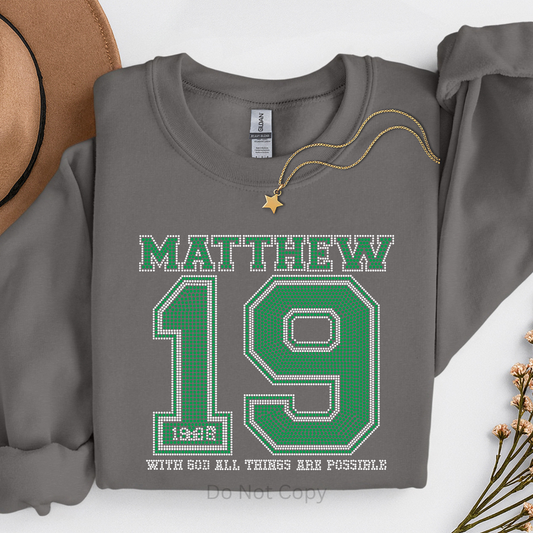 Matthew 19 Rhinestone Transfer on a tshirt front side