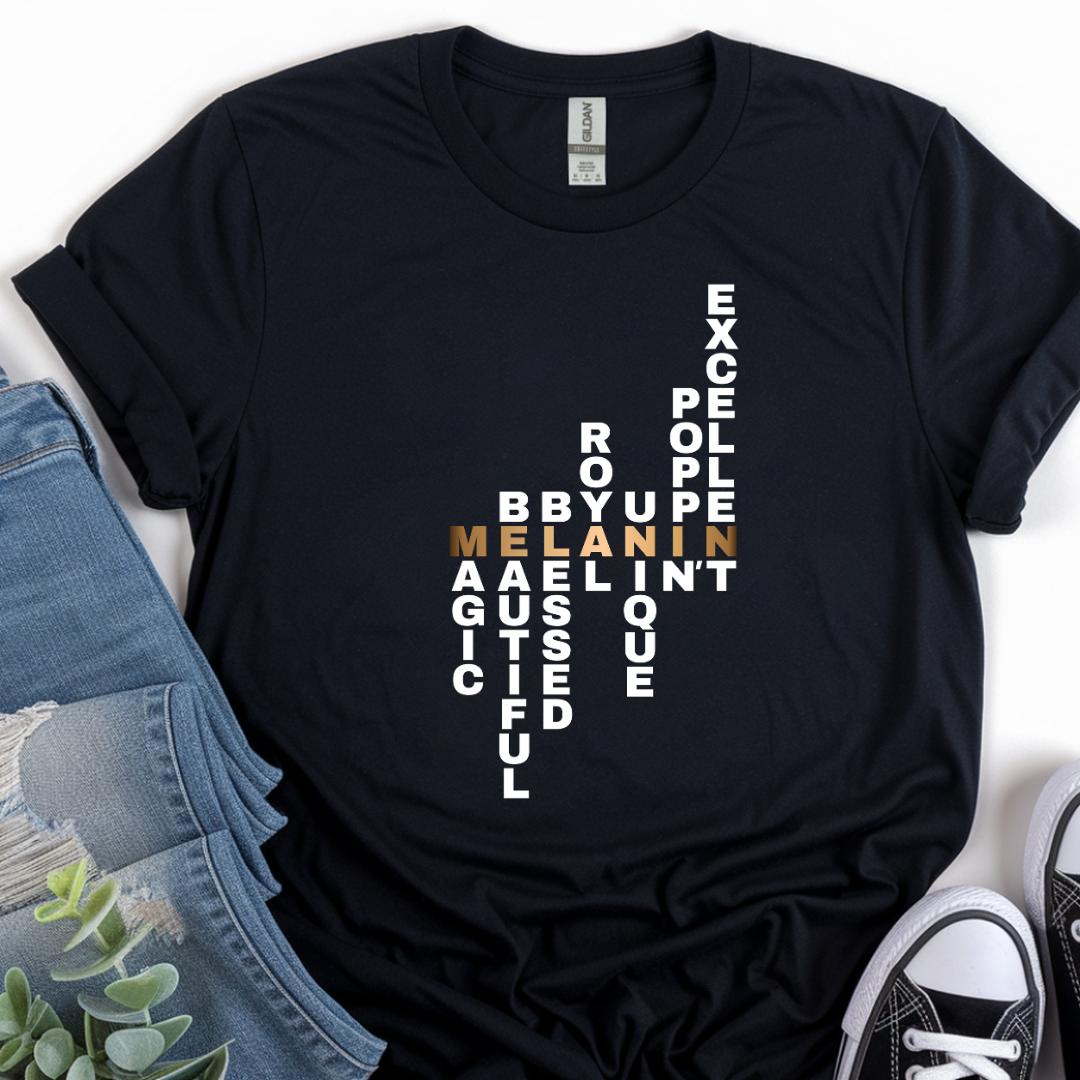 Black t-shirt with vertical text design on a white background