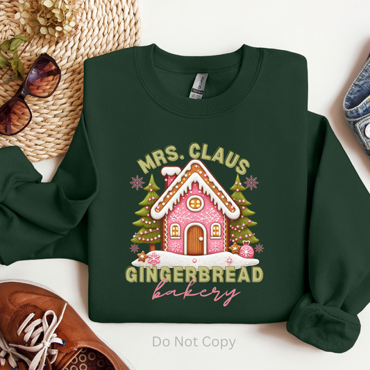 Mrs Claus Gingerbread Bakery DTF Transfer on a tshirt