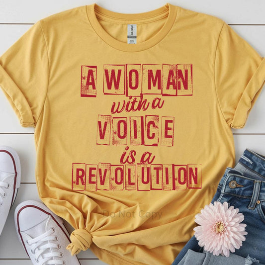A Woman With A Voice Screen Print Heat Transfer on a gold tshirt