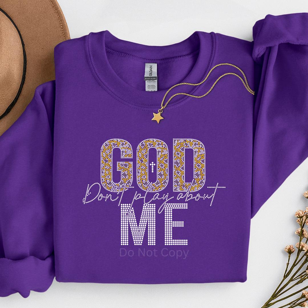 Purple sweatshirt with text and necklace on a white background