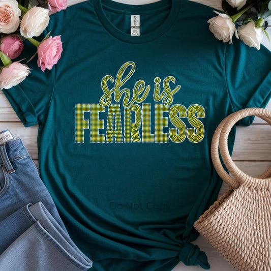 She is Fearless Rhinestone Transfer on a tshirt front side