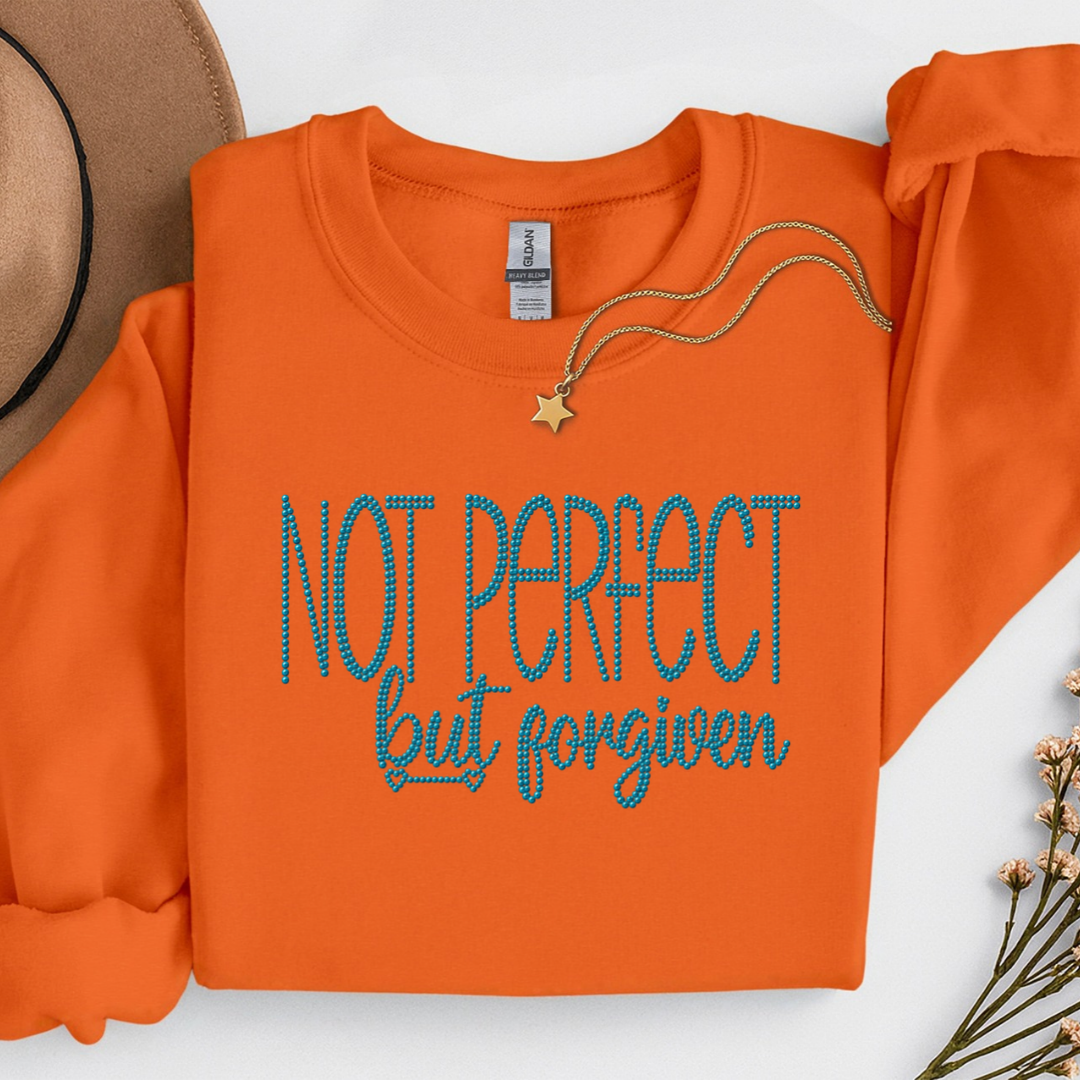 Not Perfect But Forgiven Spangle Design on an orange tshirt