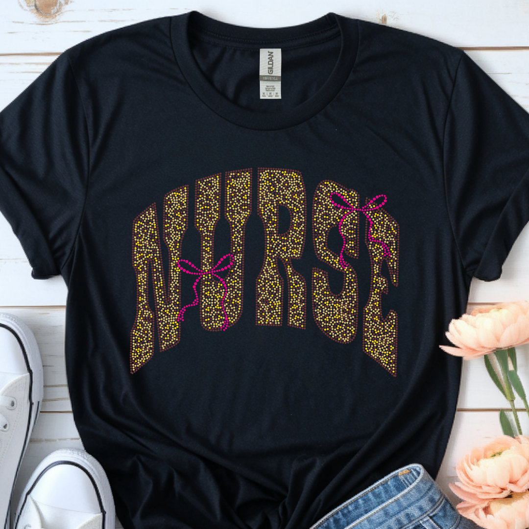 Nurse Rhinestone Transfer on a black tshirt