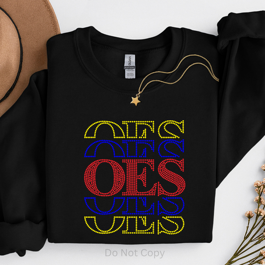 OES Stacked Rhinestone Transfer on a tshirt front side